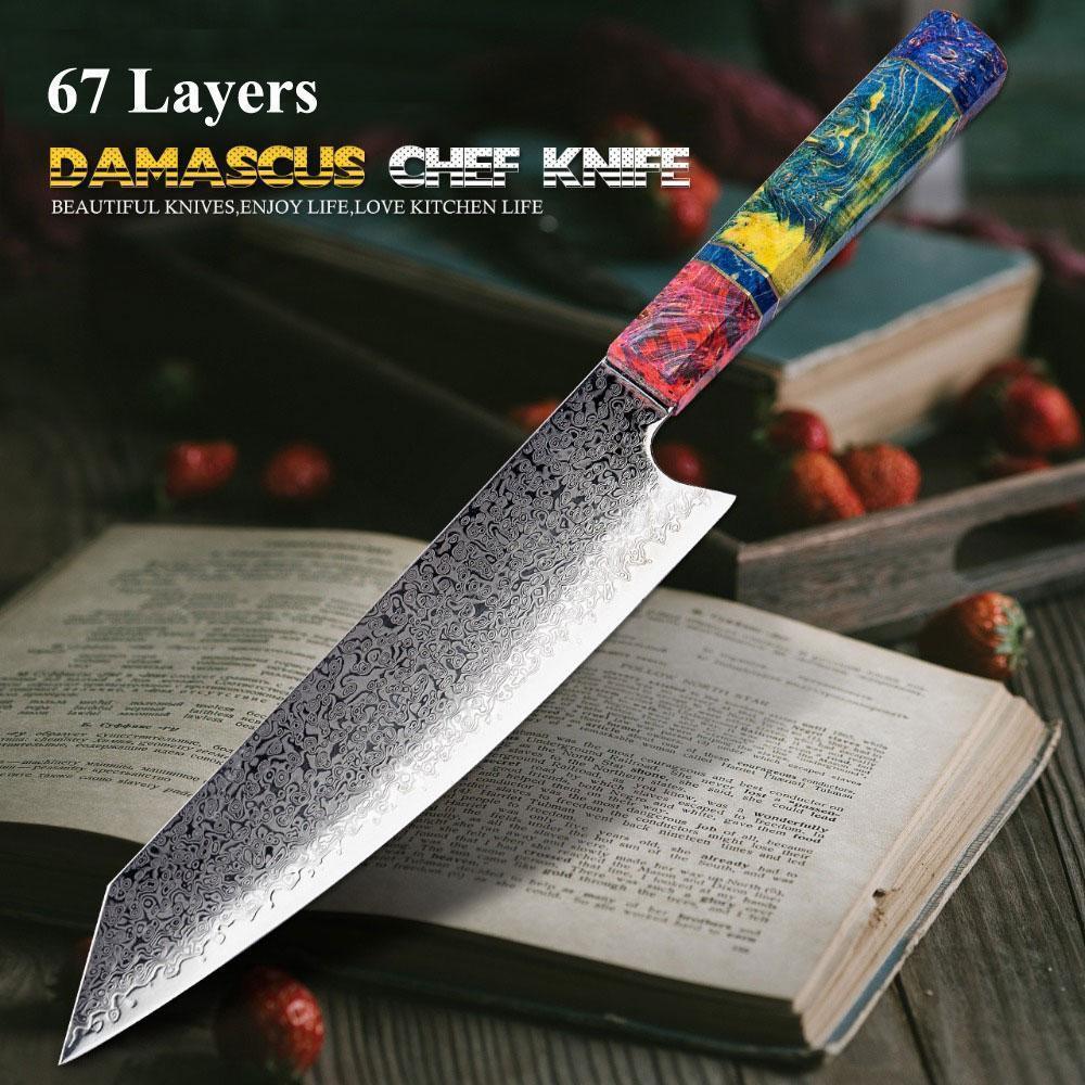 Japanese Knife Damascus Steel with Coloured Ebony Handle
