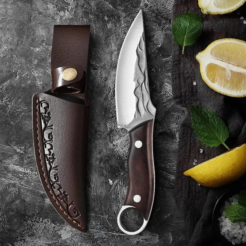Hand Forged Boning Cleaver Butcher Knife With Leather Sheath
