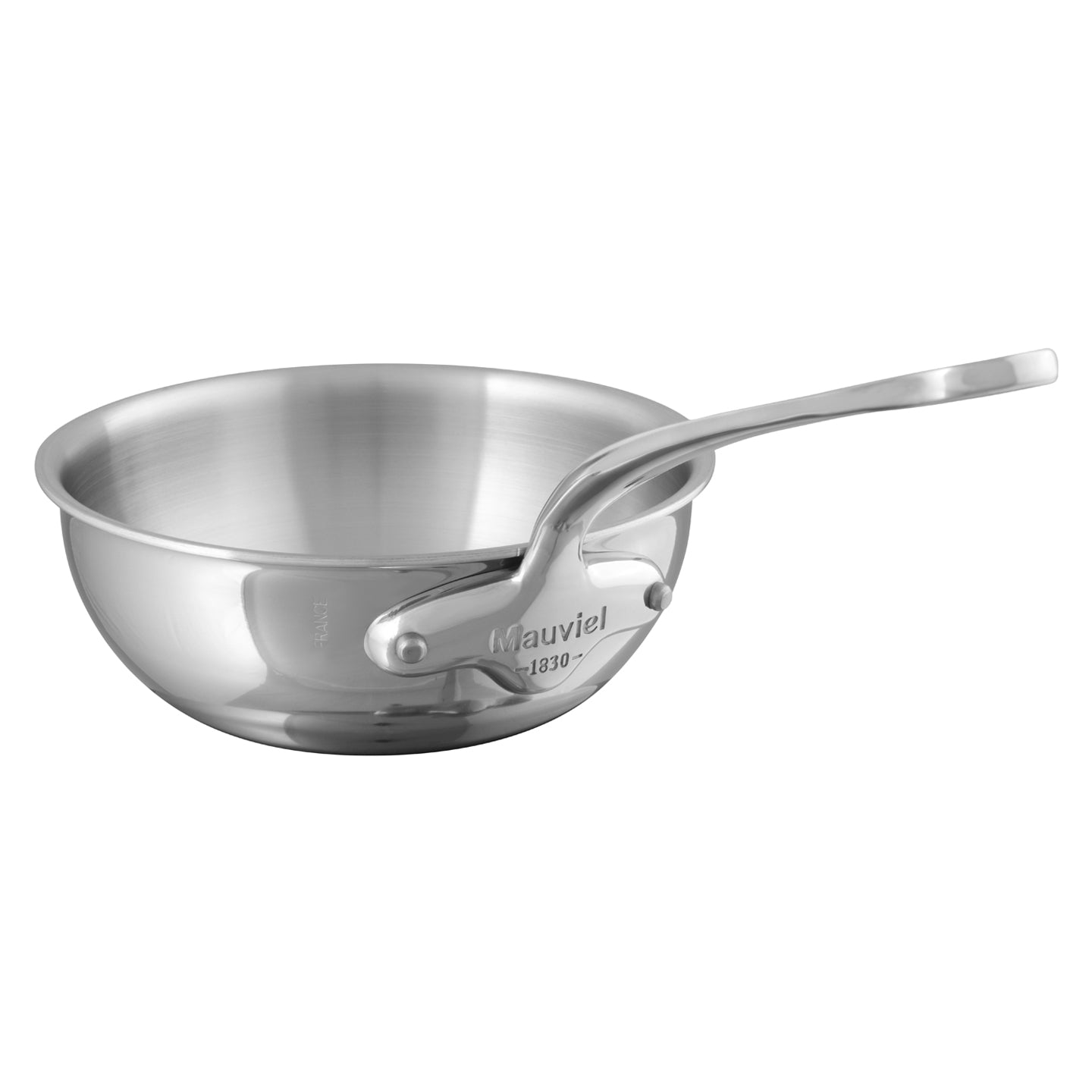 Detailed view of Mauviel M'cook curved splayed stainless steel sauté pan handle