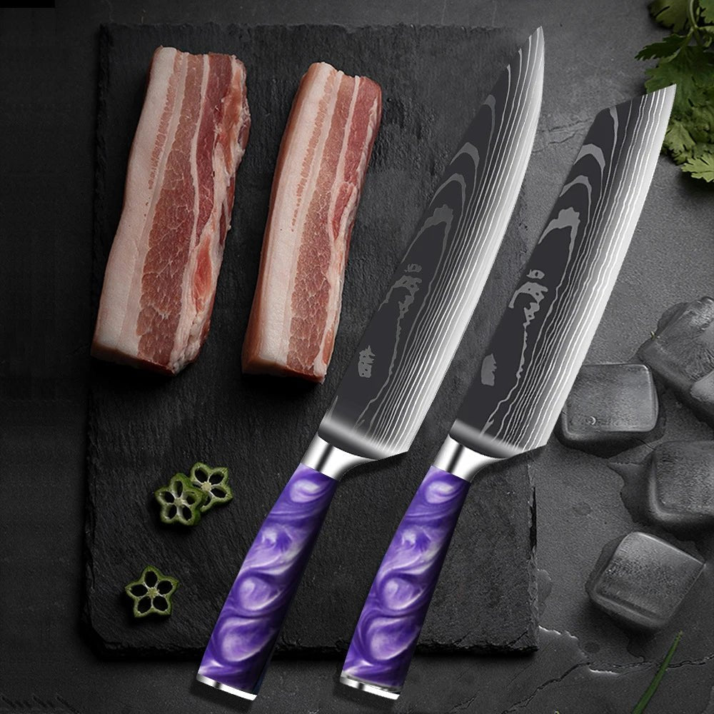 Stainless Steel Chef Knife Set With Purple Resin Handle