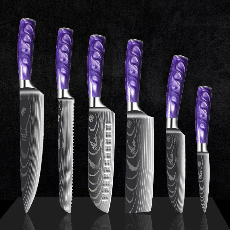Stainless Steel Chef Knife Set With Purple Resin Handle
