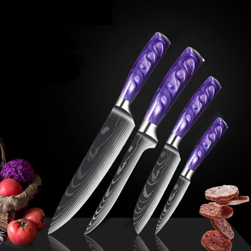 Stainless Steel Chef Knife Set With Purple Resin Handle