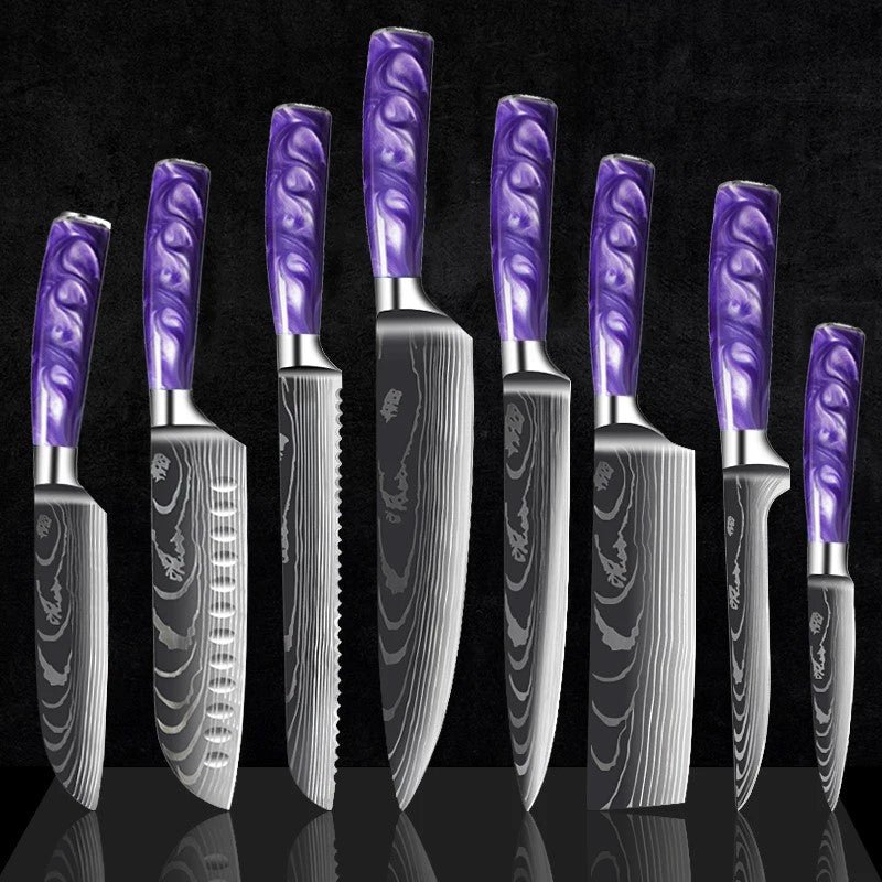 Stainless Steel Chef Knife Set With Purple Resin Handle