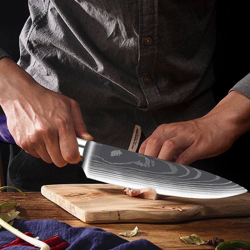 Stainless Steel Chef Knife Set With Purple Resin Handle