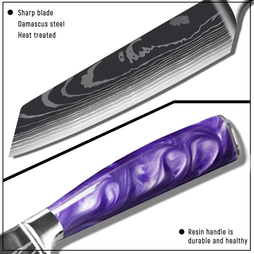 Stainless Steel Chef Knife Set With Purple Resin Handle