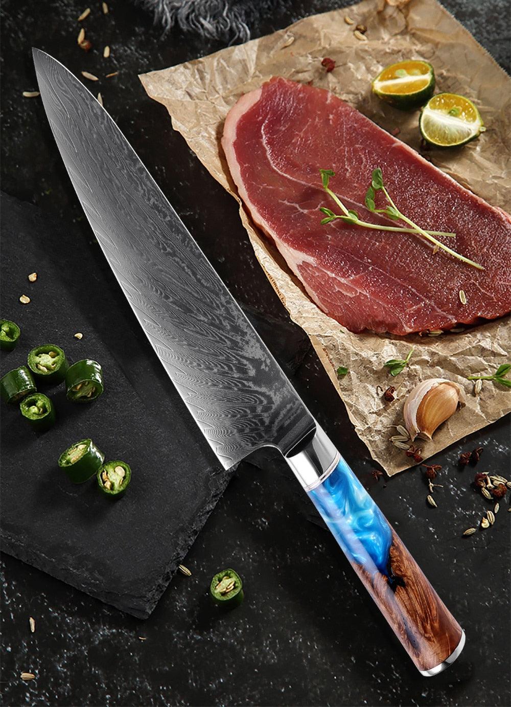 Damascus Steel 8'' Chef Knife with Blue Resin Handle