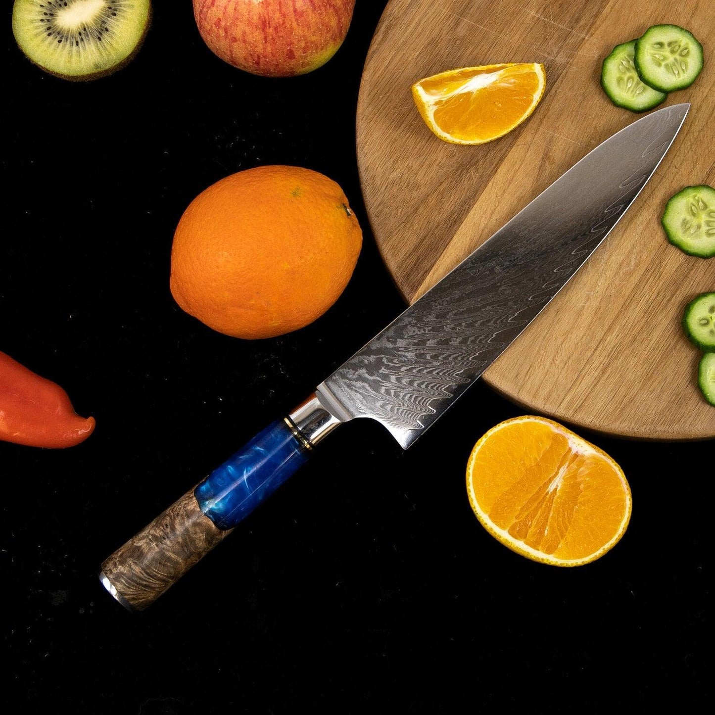Damascus Steel Chef Knife, Blue