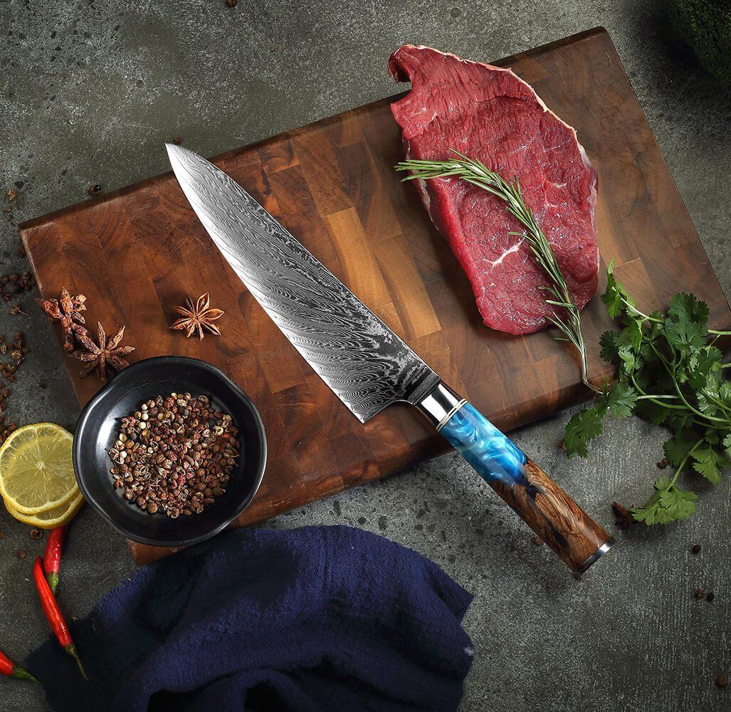 Damascus Steel 8" Chef Knife With Blue Resin Handle