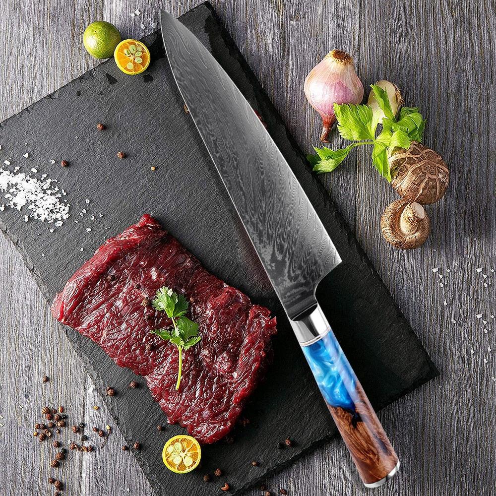 Damascus Steel 8'' Chef Knife with Blue Resin Handle