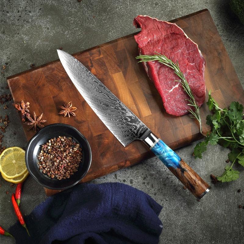 Damascus Steel Chef Knife, Blue