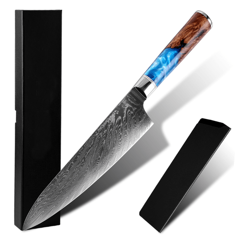 Damascus Steel Chef Knife, Blue