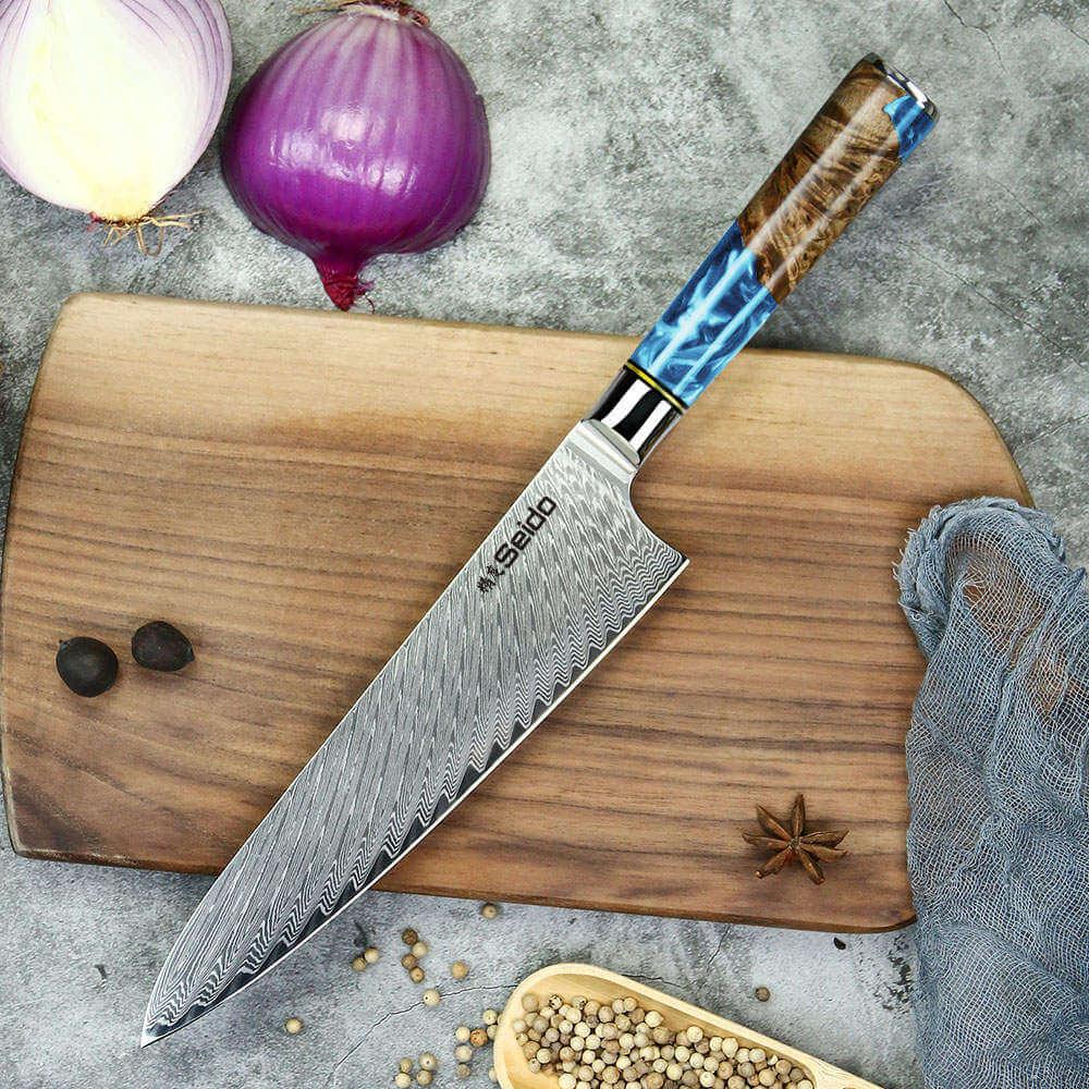 Damascus Steel Chef Knife, Blue