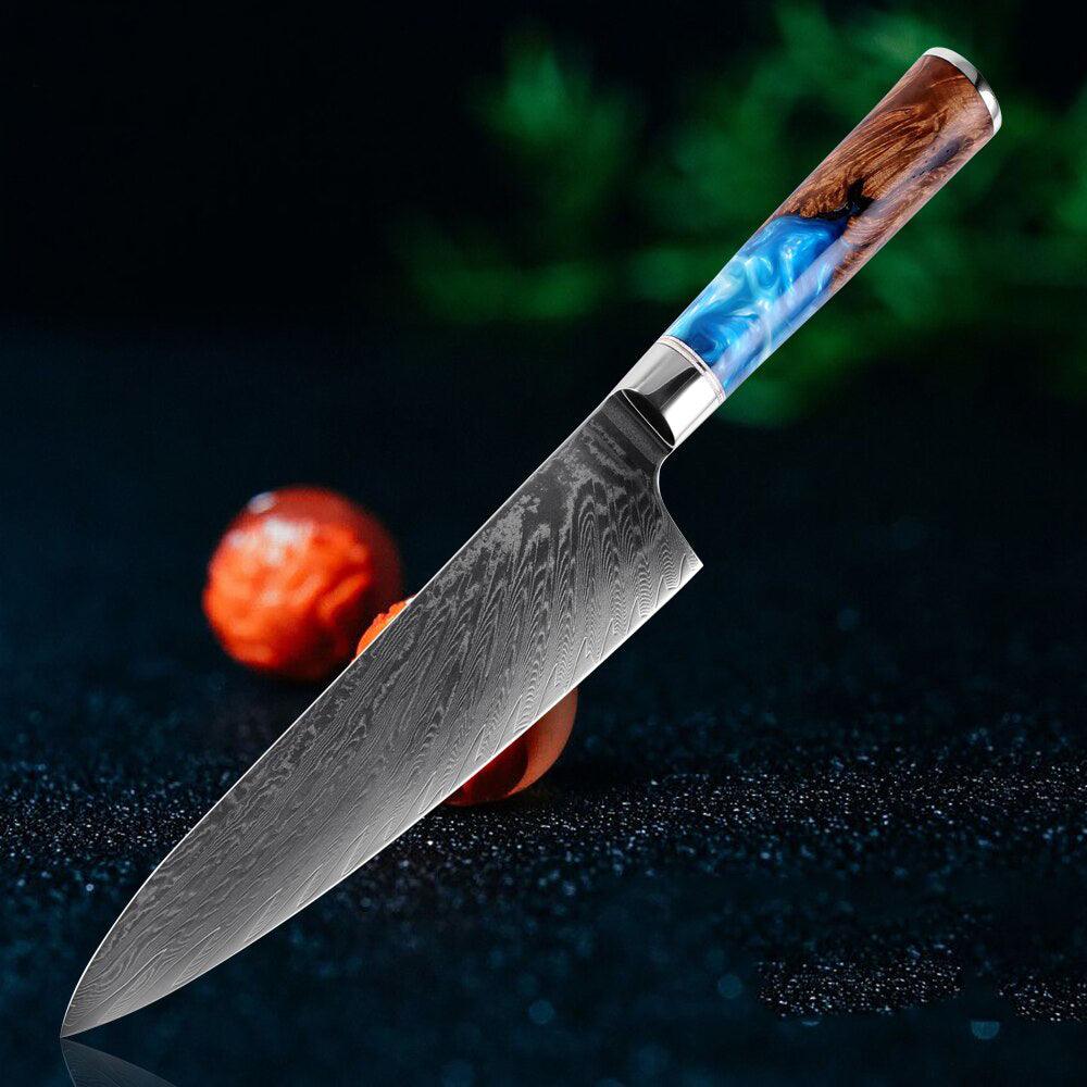 Damascus Steel 8'' Chef Knife with Blue Resin Handle