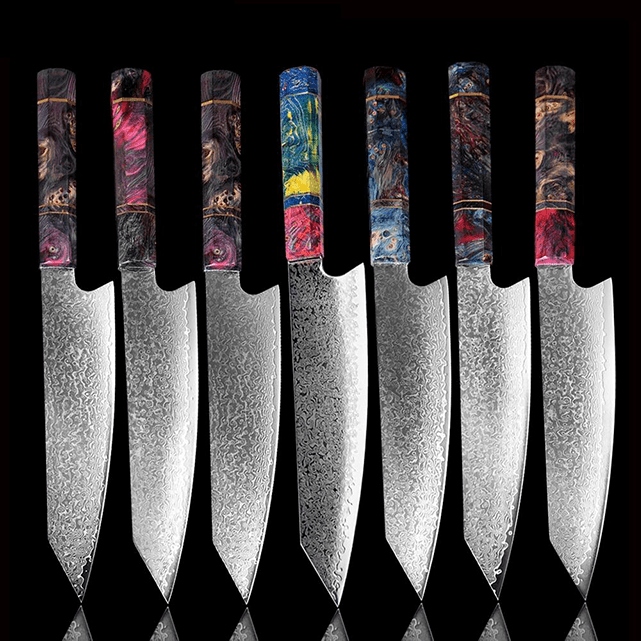 Japanese Knife Damascus Steel with Coloured Ebony Handle