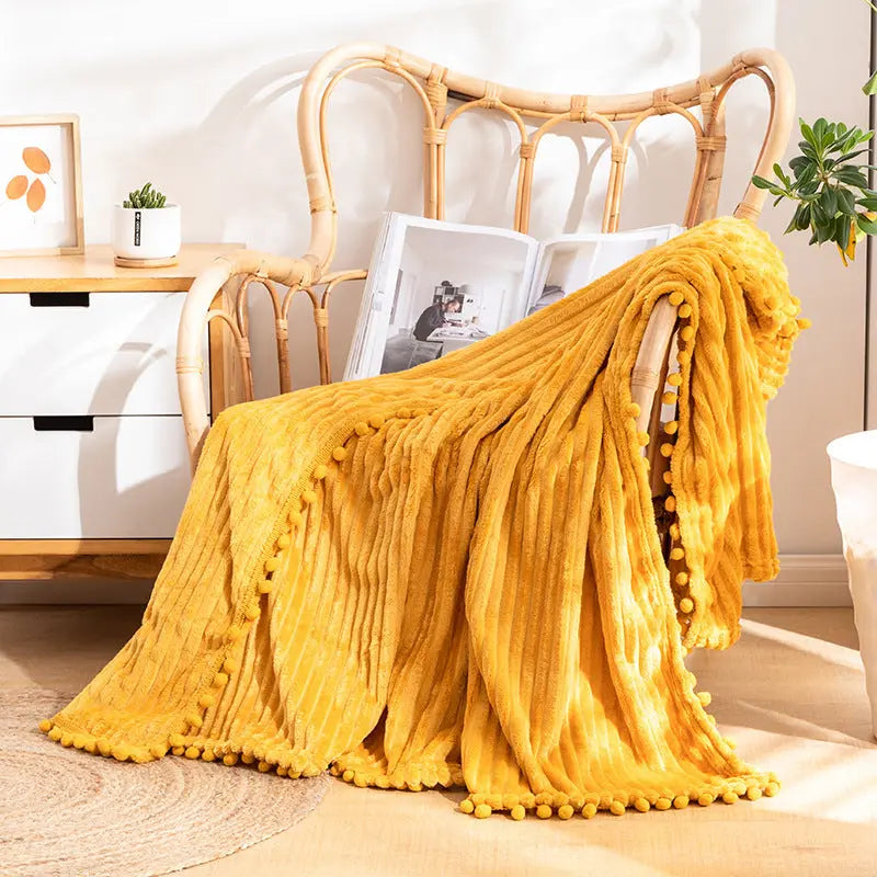 Velvet Pom Fringe Soft Flannel Throw Blanket