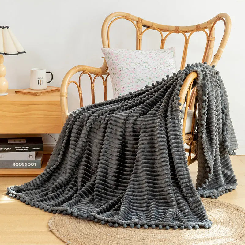 Velvet Pom Fringe Soft Flannel Throw Blanket