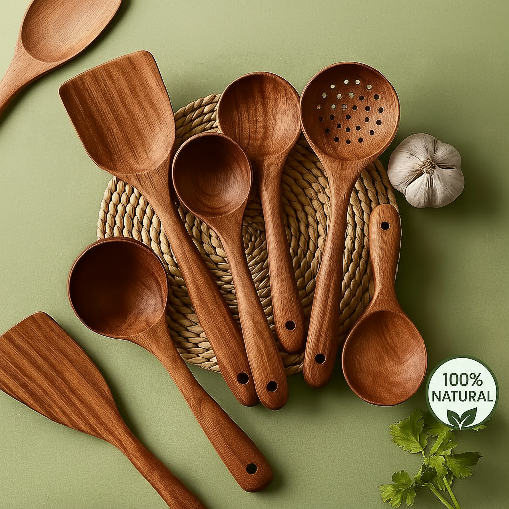 Natural Teak Wooden Utensils Set, Eco Friendly Kitchen