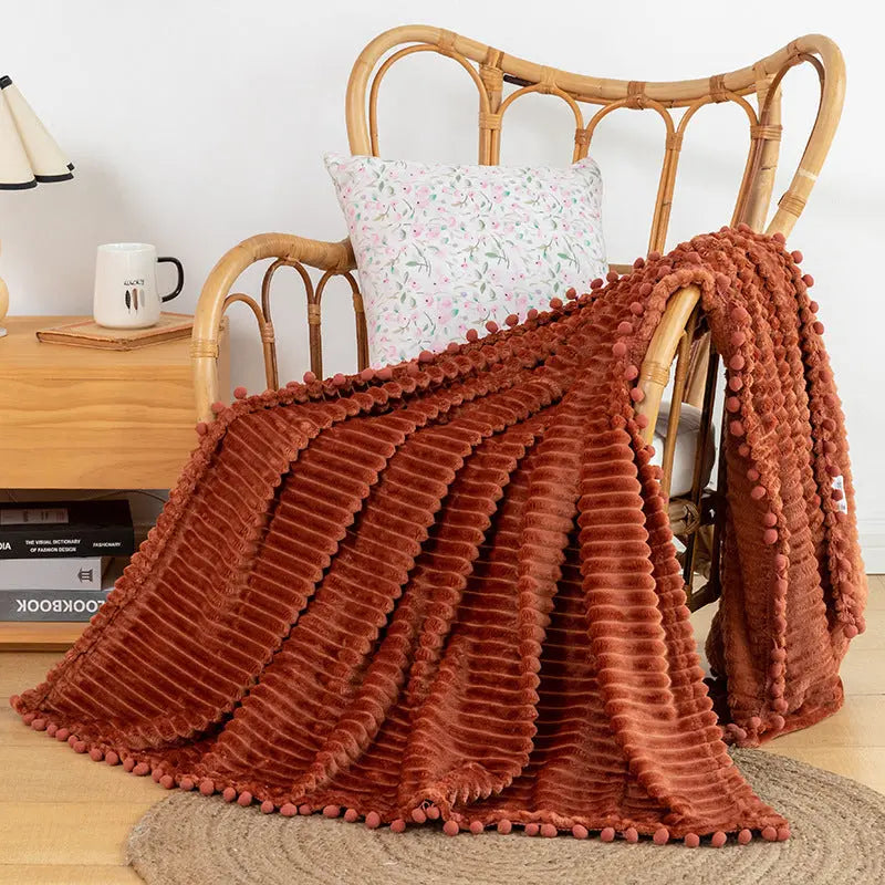 Velvet Pom Fringe Soft Flannel Throw Blanket