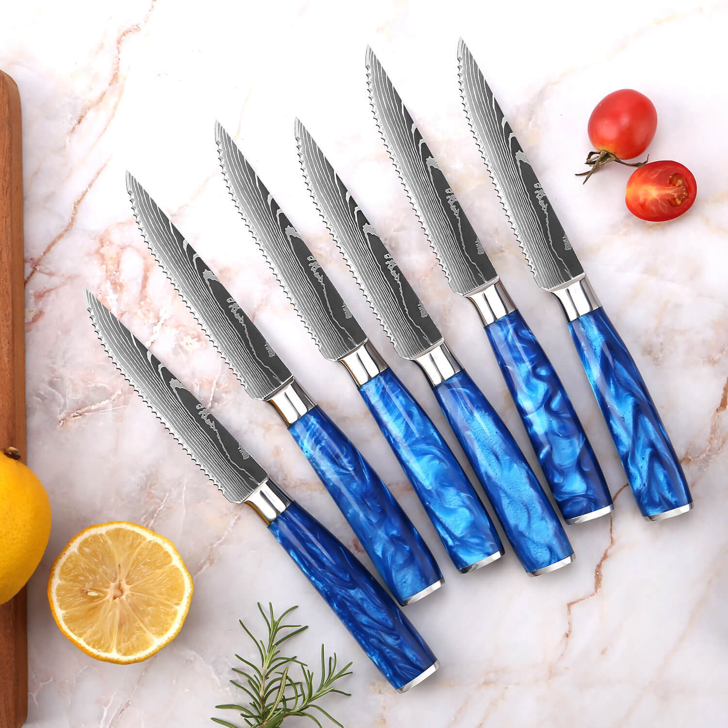 "Cerulean" High-Carbon Steel 6-Piece Steak Knife Set - Blue Resin Handle