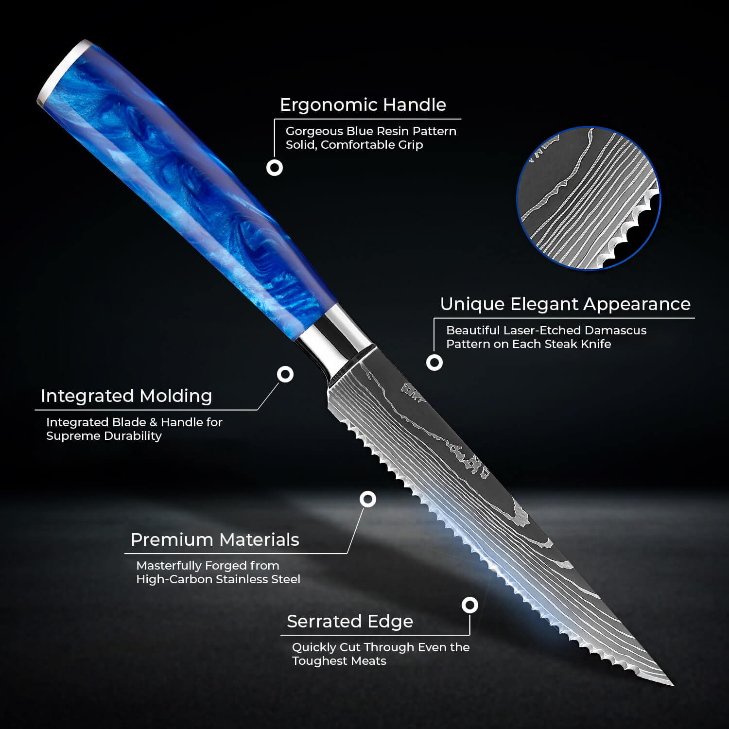 "Cerulean" High-Carbon Steel 6-Piece Steak Knife Set - Blue Resin Handle