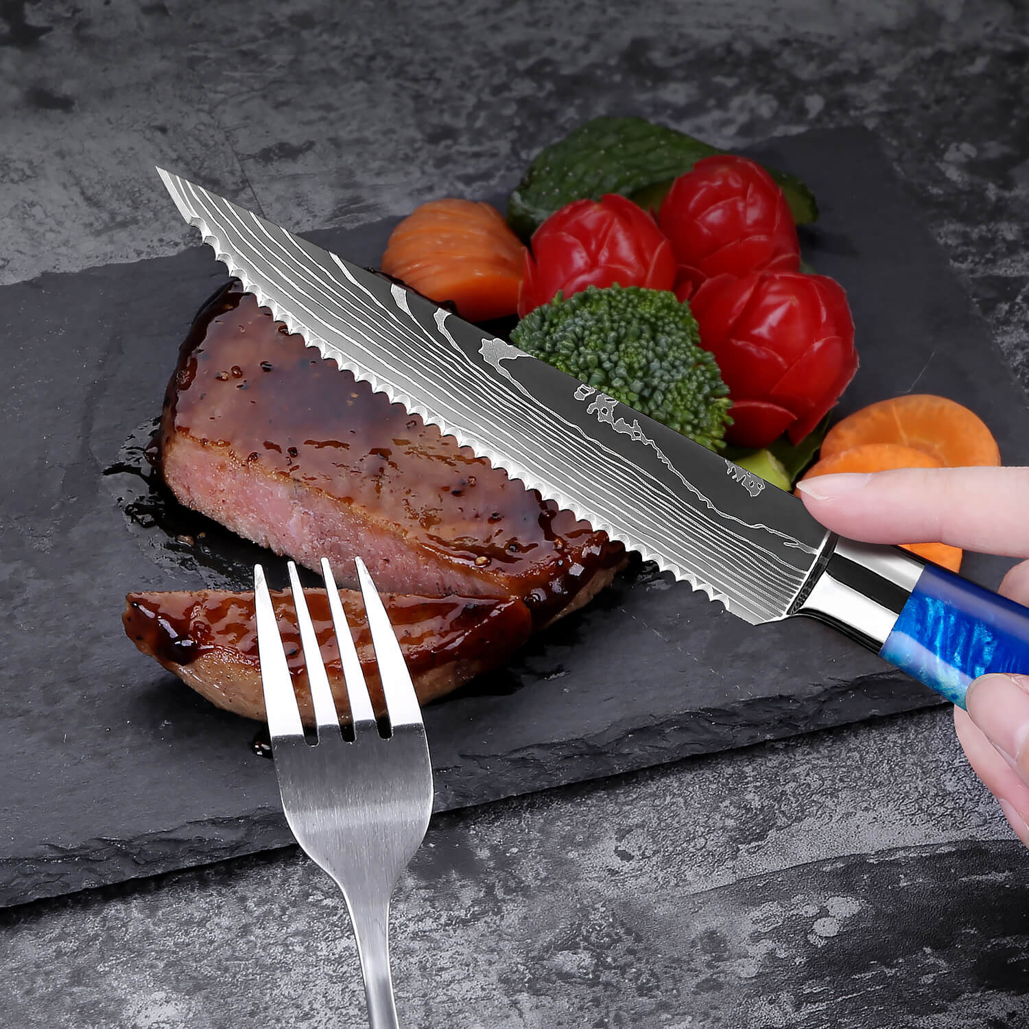 "Cerulean" High-Carbon Steel 6-Piece Steak Knife Set - Blue Resin Handle
