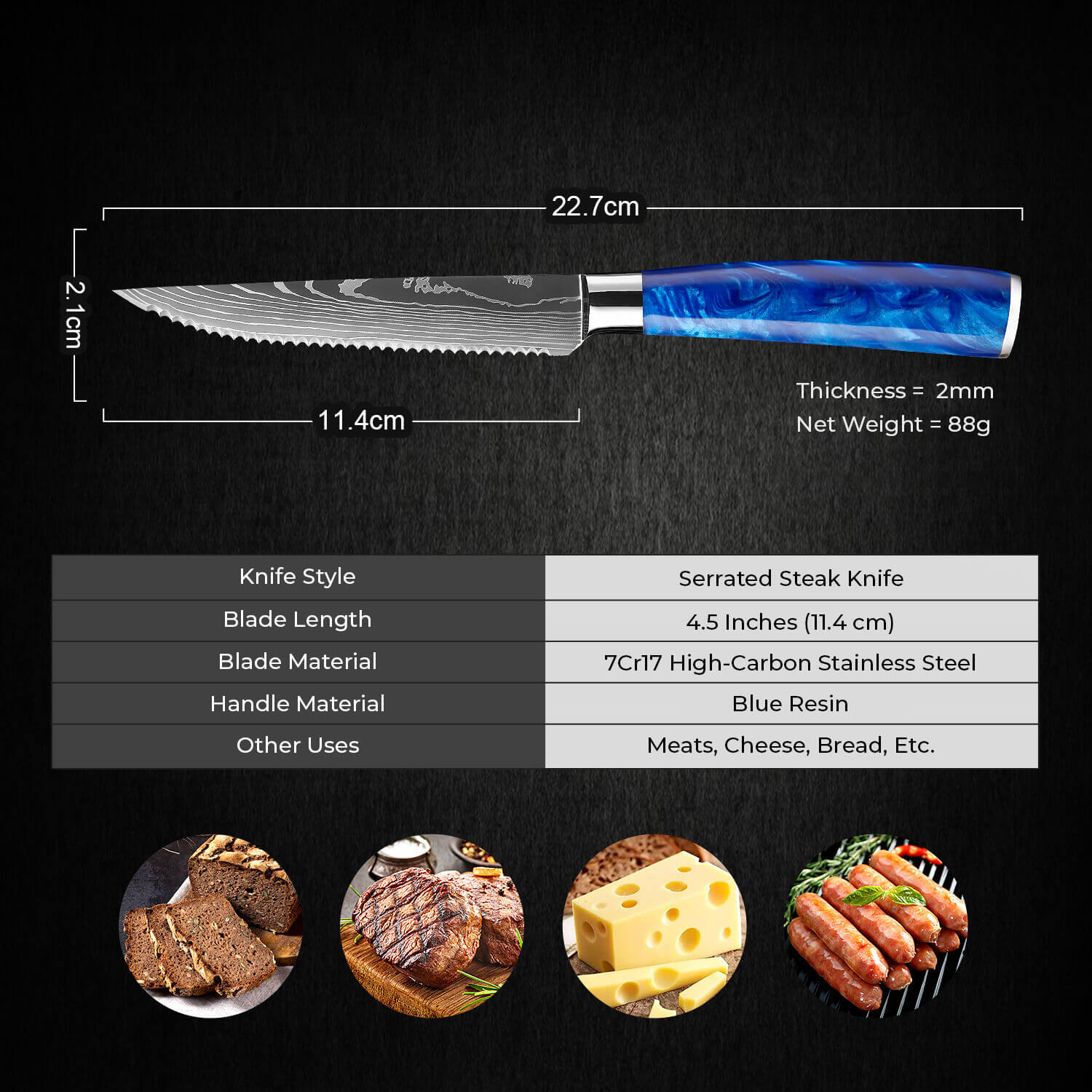 "Cerulean" High-Carbon Steel 6-Piece Steak Knife Set - Blue Resin Handle
