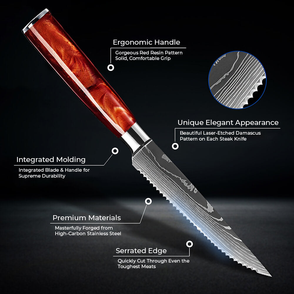 "Crimson" High-Carbon Steel 6-Piece Steak Knife Set - Red Resin Handle