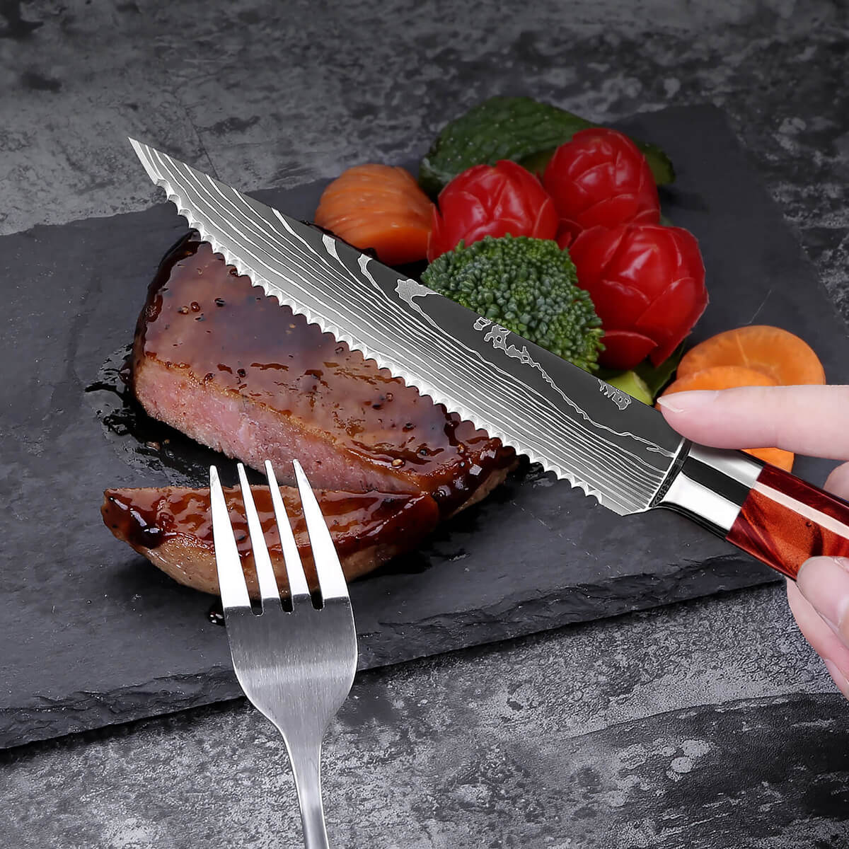 "Crimson" High-Carbon Steel 6-Piece Steak Knife Set - Red Resin Handle