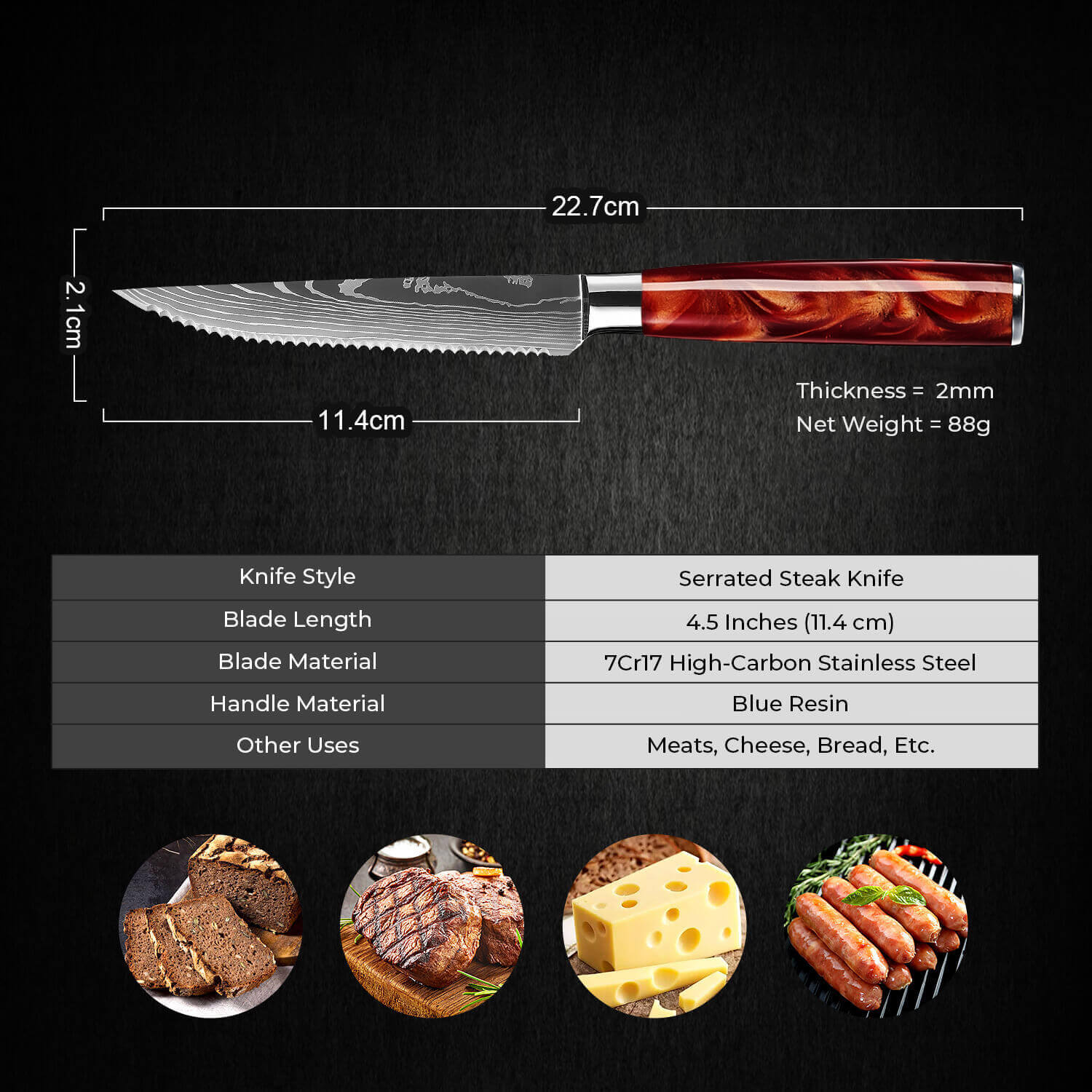 "Crimson" High-Carbon Steel 6-Piece Steak Knife Set - Red Resin Handle