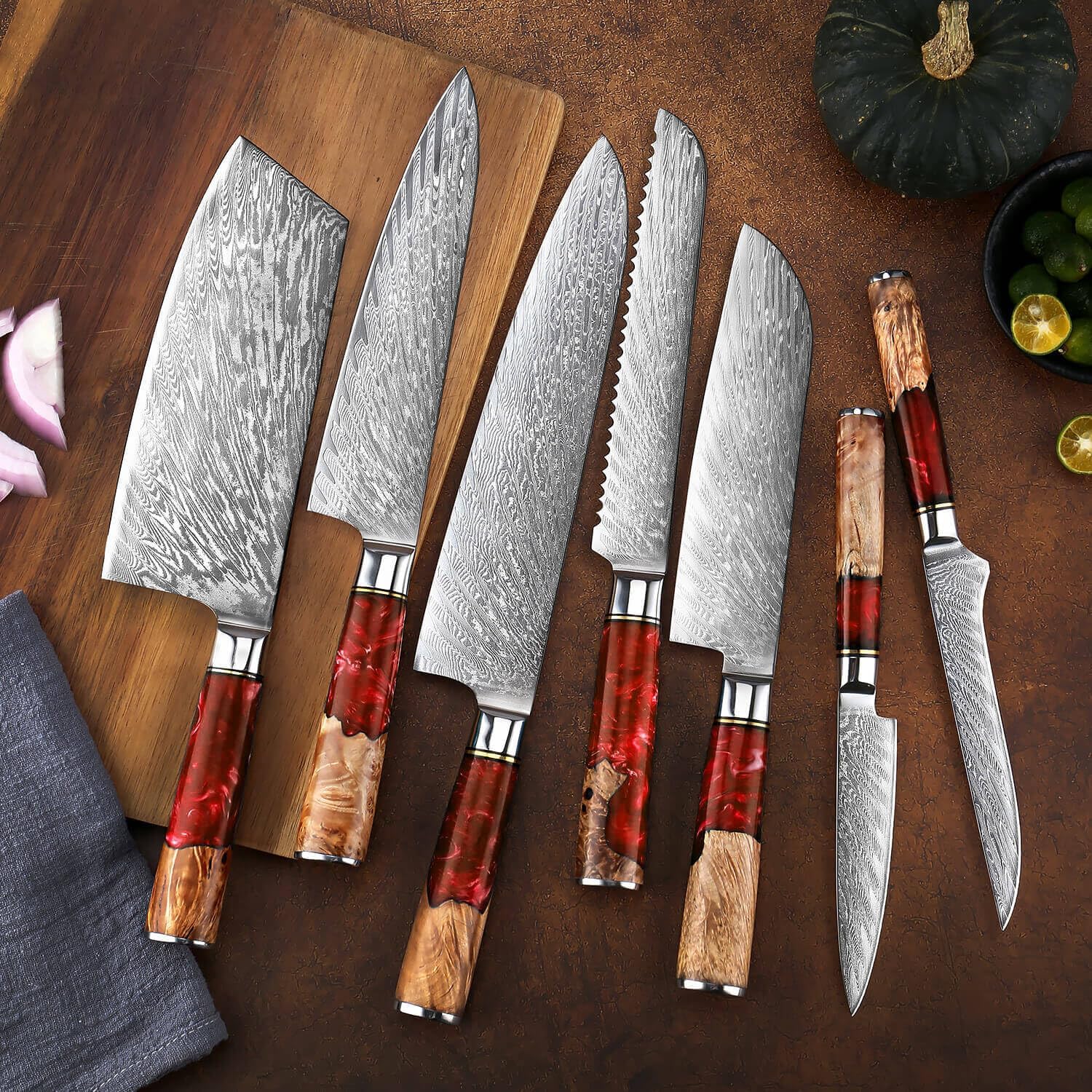 Japanese Damascus Steel Kitchen Knife Set With Coloured Red Handle