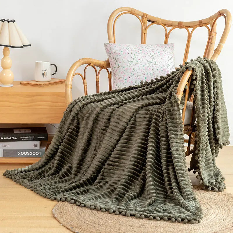 Velvet Pom Fringe Soft Flannel Throw Blanket