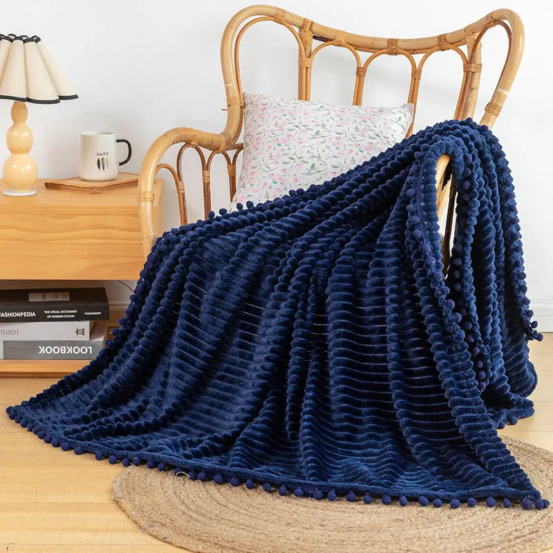 Velvet Pom Fringe Soft Flannel Throw Blanket