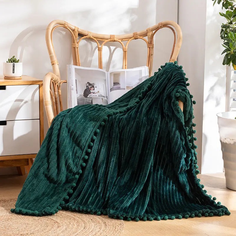 Velvet Pom Fringe Soft Flannel Throw Blanket