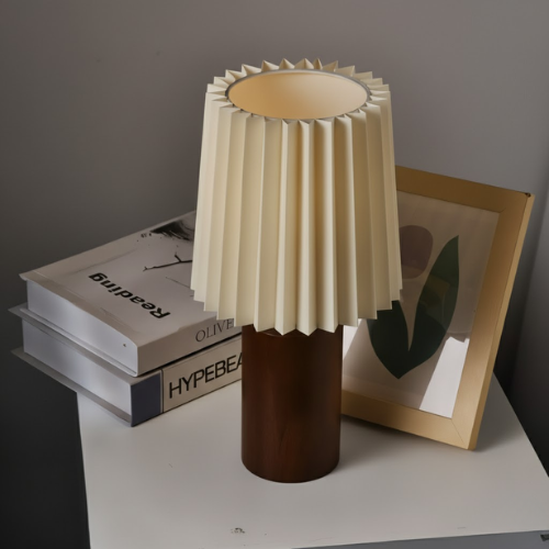 ScandiChic Wooden Table Lamp – Nordic Pleated Fabric Design