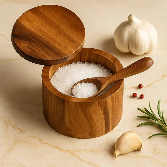 Natural Acacia Wood Salt and Pepper Shaker Set with Spoon