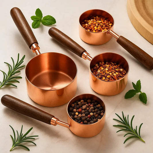 Acacia Wood and Copper Plated Cooking Measuring Utensils Set