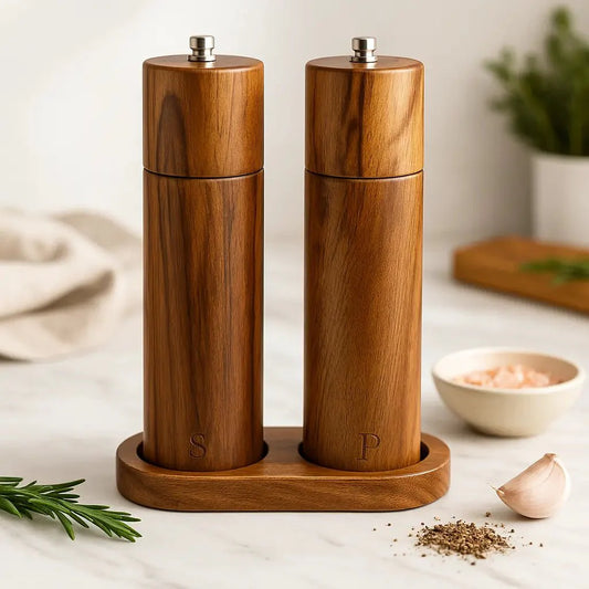 Natural acacia wood salt and pepper mill set with base included for easy grinding.