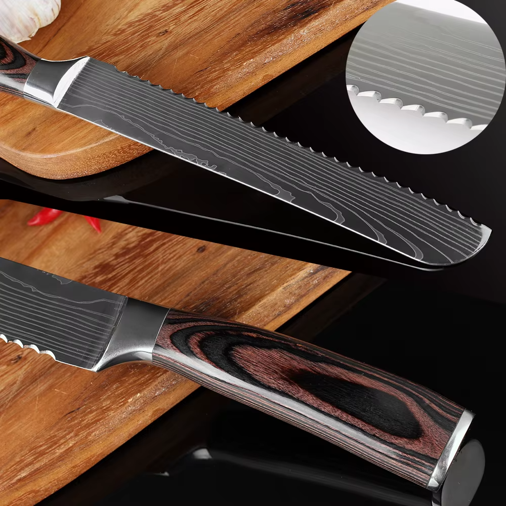 Bread Knife 8 inch Serrated Knife Damascus laser Pattern Steel Bread Knife