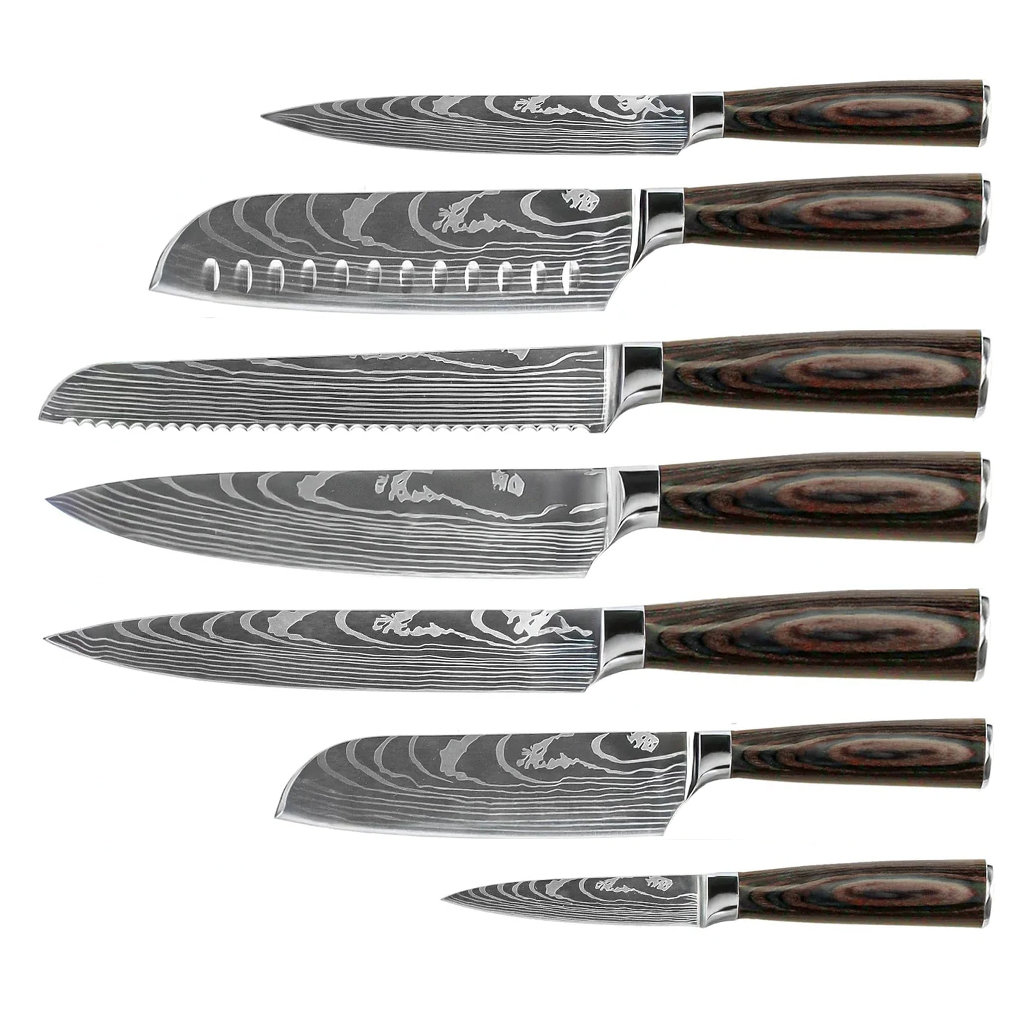 Quality Damascus Print Series 7-piece Knife Set + Acacia Knife Holder