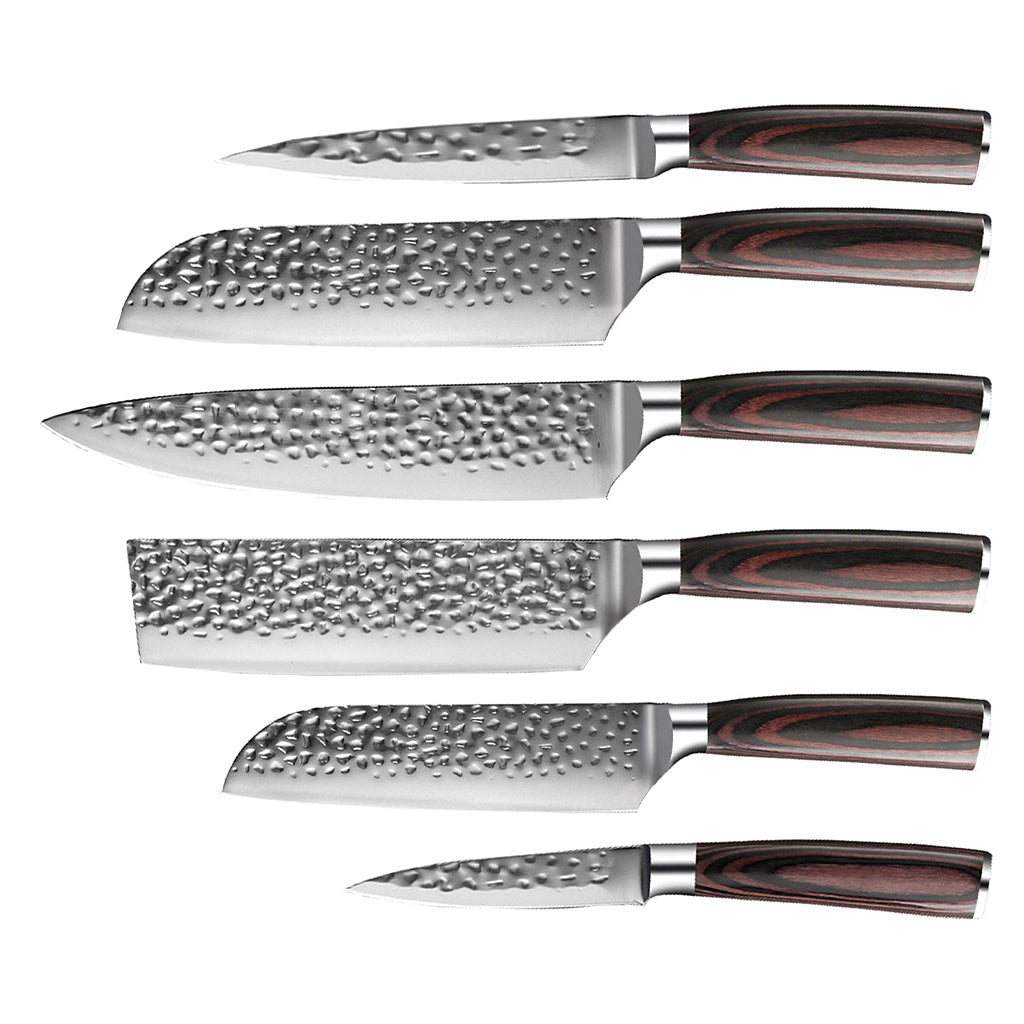 Hammered Stainless Steel Series 6-piece Knife Set + Acacia Knife Holder
