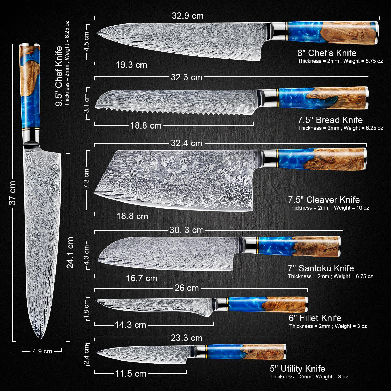 "Tsunami" Collection - Japanese VG10 Damascus Steel Knife Set