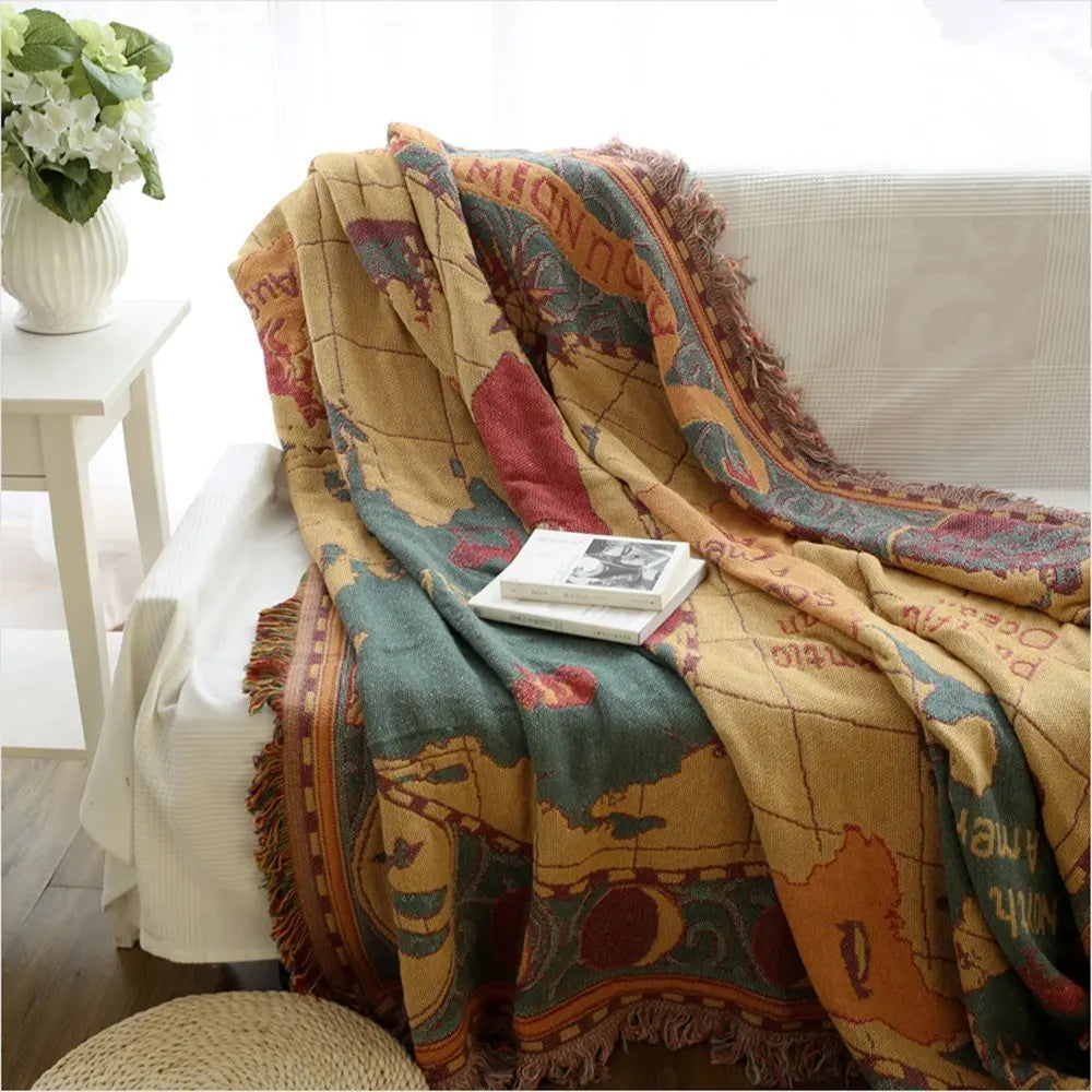 Wanderlust World Map Cotton Throw Blanket