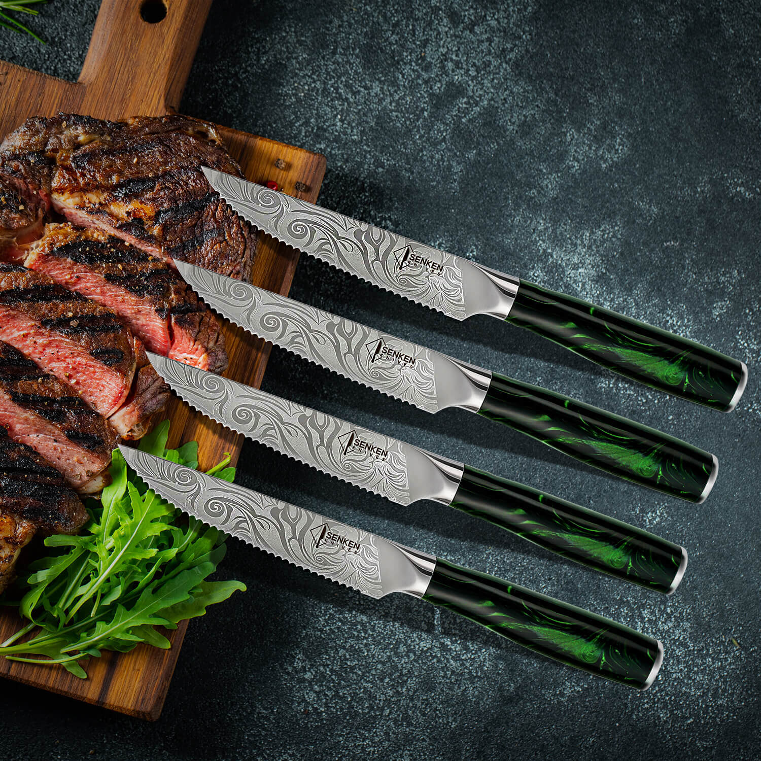 "Wasabi" High-Carbon Steel Engraved 6-Piece Steak Knife Set - Green Resin Handle