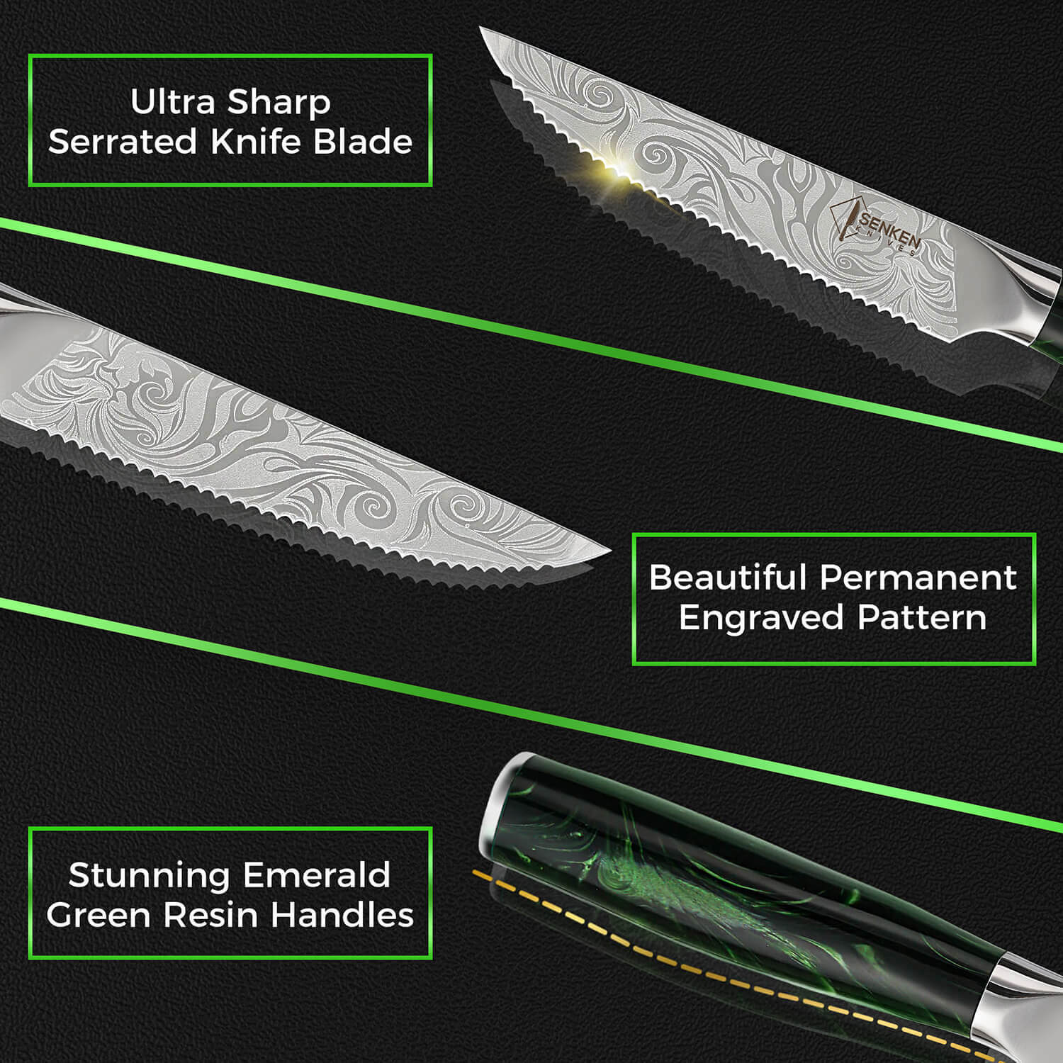 "Wasabi" High-Carbon Steel Engraved 6-Piece Steak Knife Set - Green Resin Handle