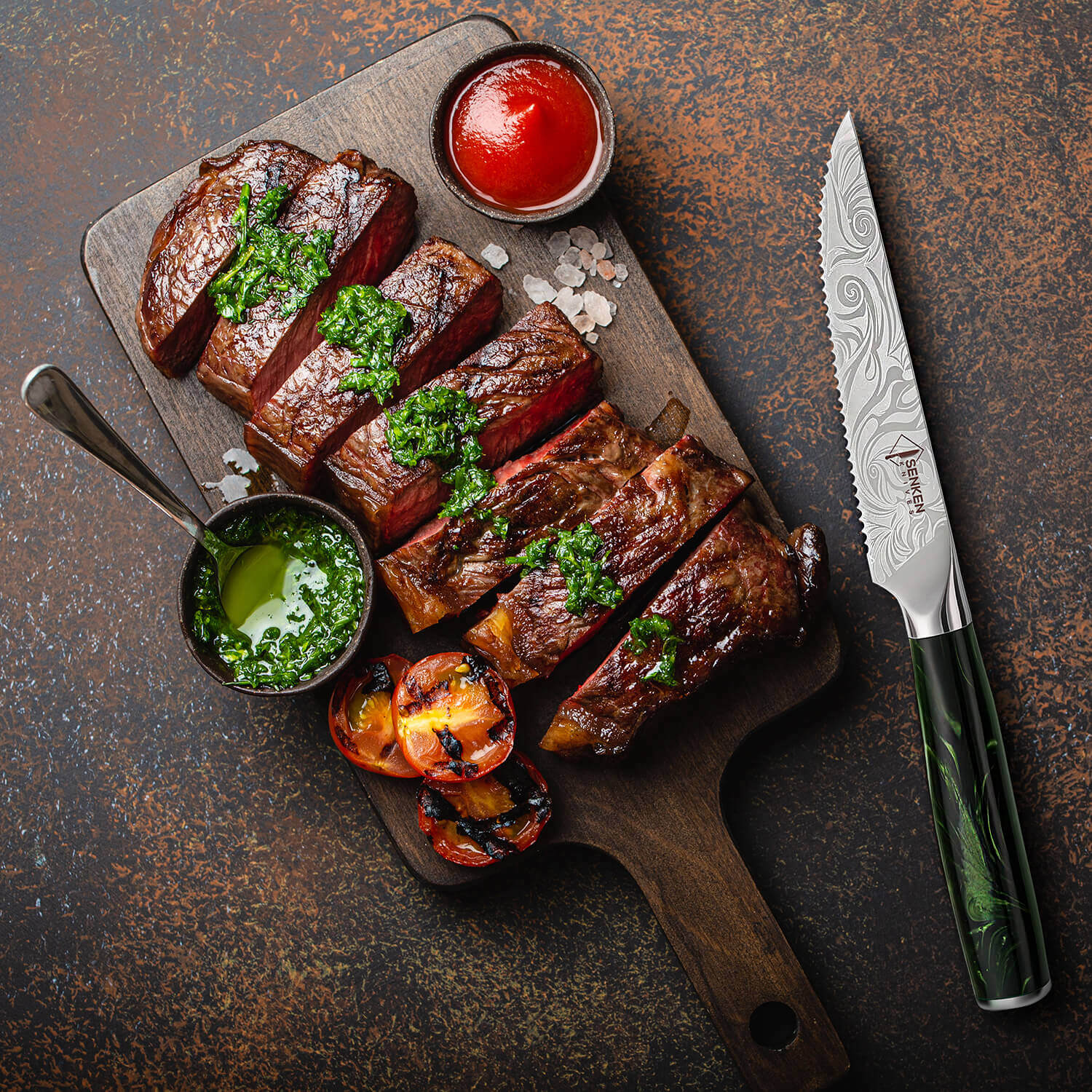 "Wasabi" High-Carbon Steel Engraved 6-Piece Steak Knife Set - Green Resin Handle
