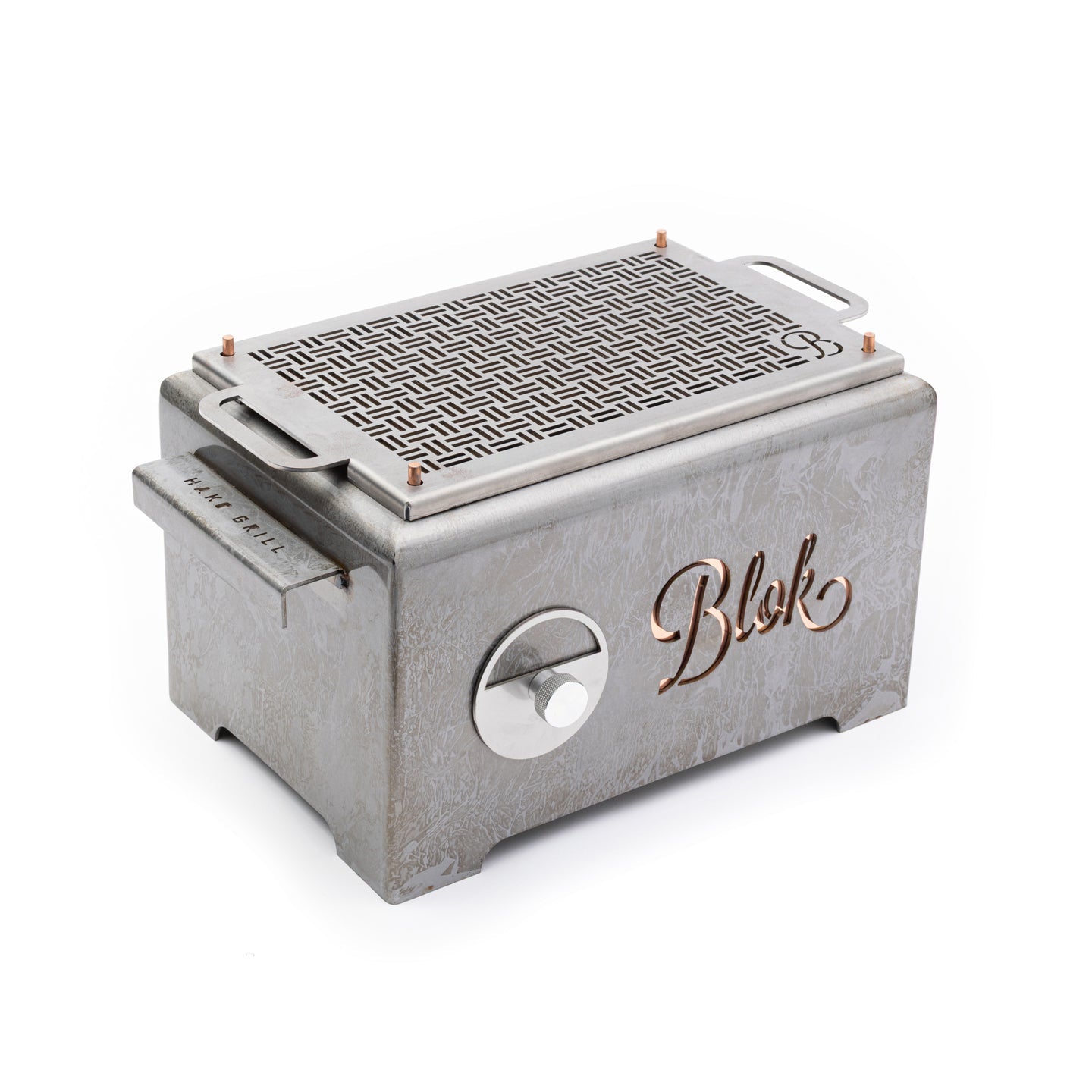 Patina-finished outdoor Blok Hako Table Grill for outdoor cooking