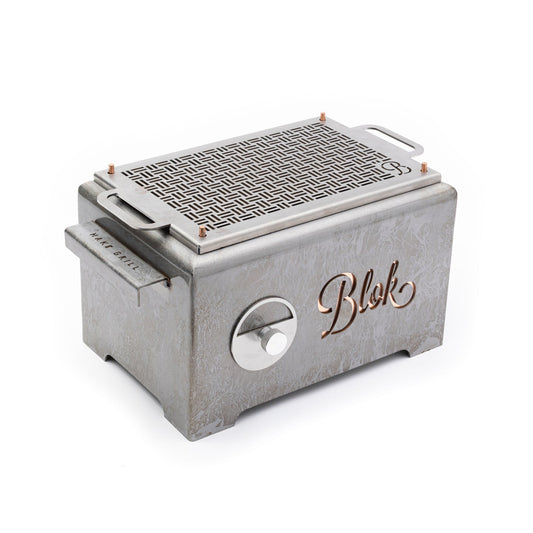 Patina-finished outdoor Blok Hako Table Grill for outdoor cooking