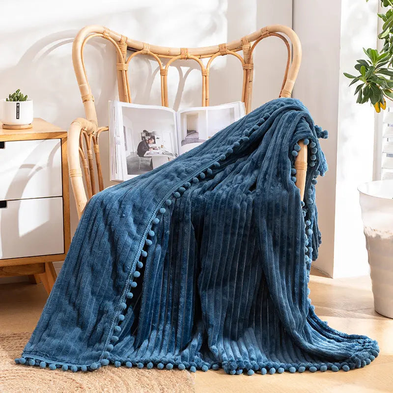 Velvet Pom Fringe Soft Flannel Throw Blanket