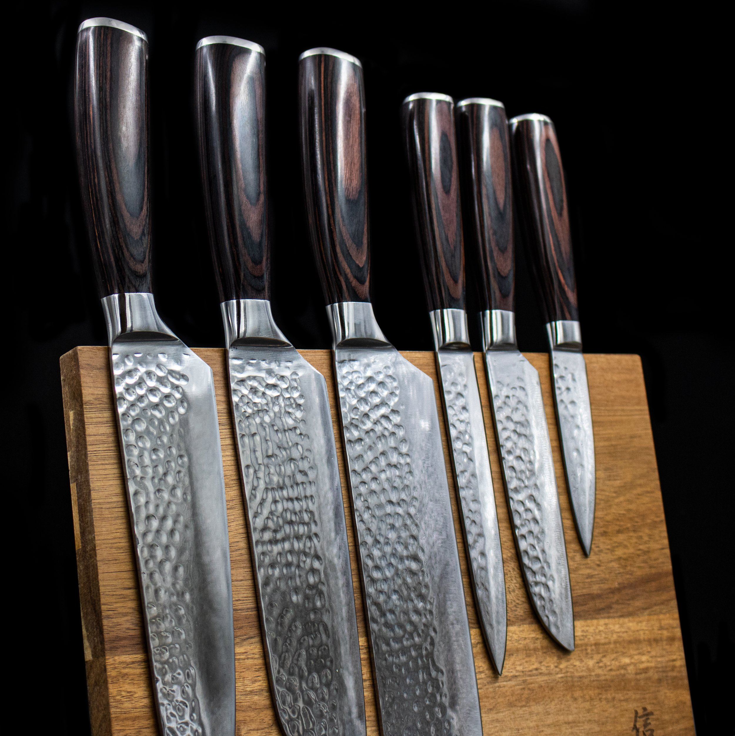 Hammered Stainless Steel Series 6-piece Knife Set + Acacia Knife Holder