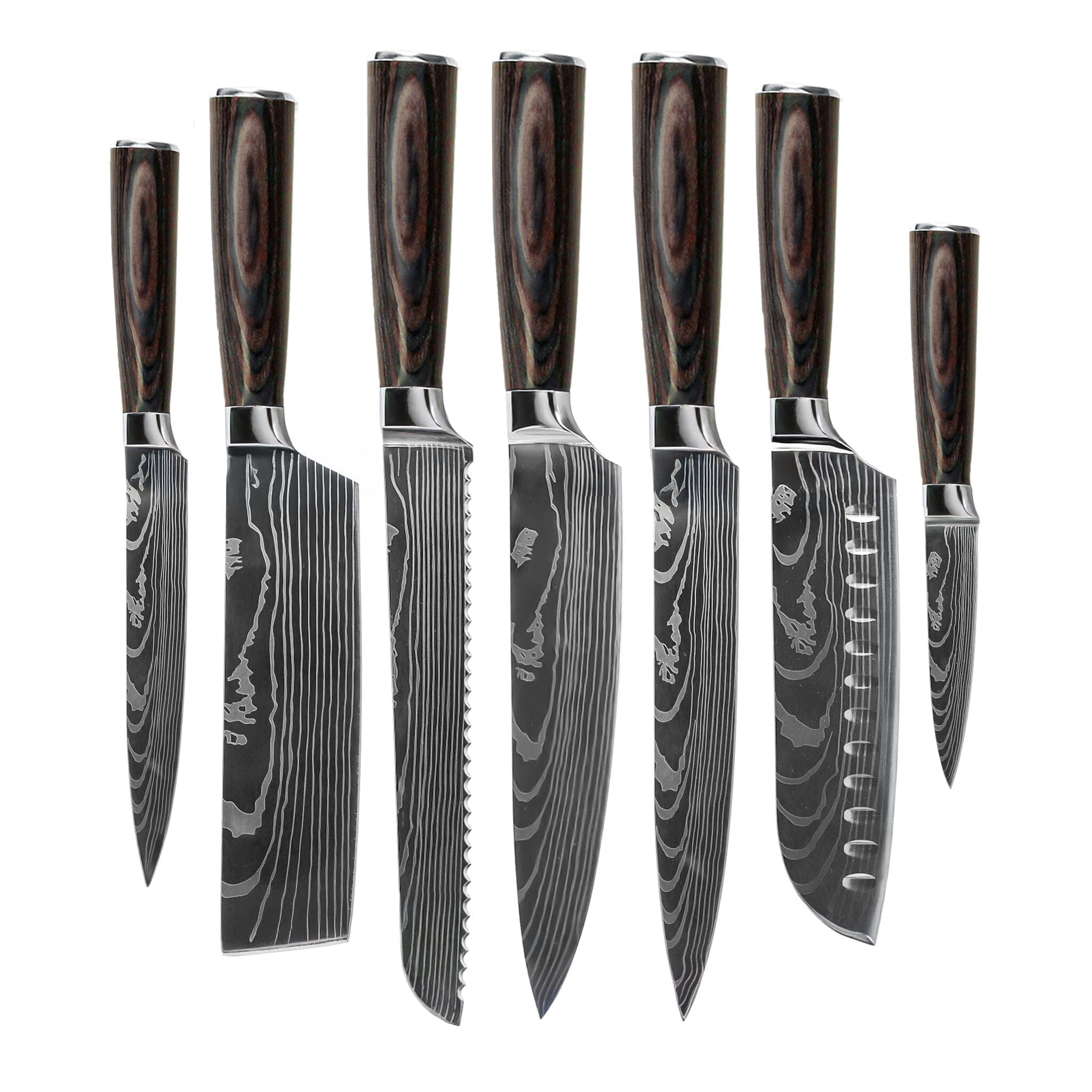 Damascus Print 7-delige Messenset + Magnetisch Messenblok Enkelzijdig Messenset met blok Shinrai Knives 